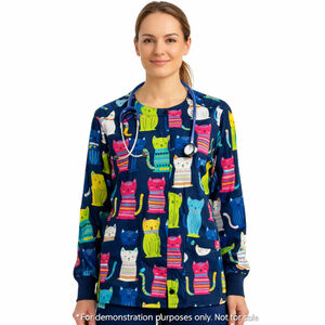 Butter Soft Cat Print Scrub Top Stretch Navy Multicolor Kawaii Cute Size Small